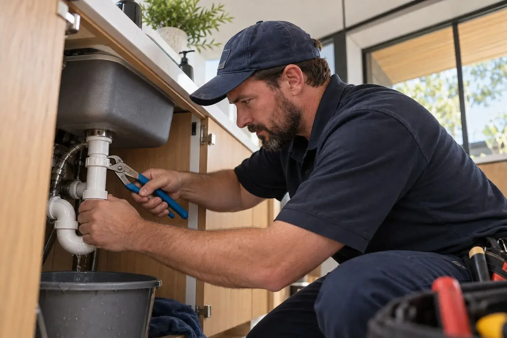 Plumber repairing the drain pipe under a kitchen sink