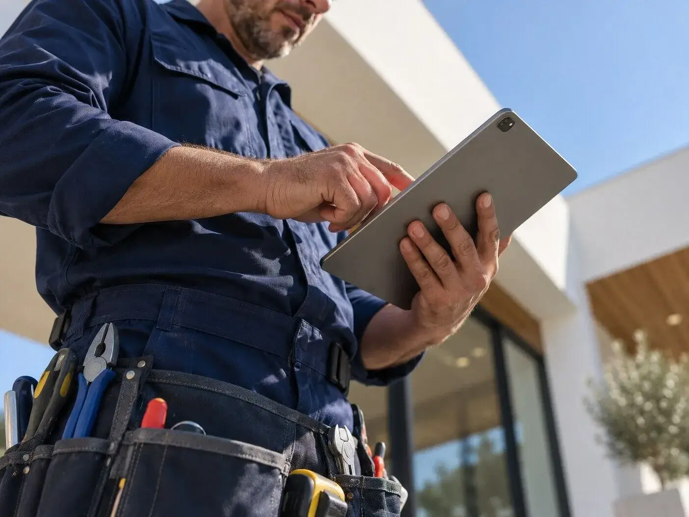 Technician confirming an invoice on a tablet outside a home