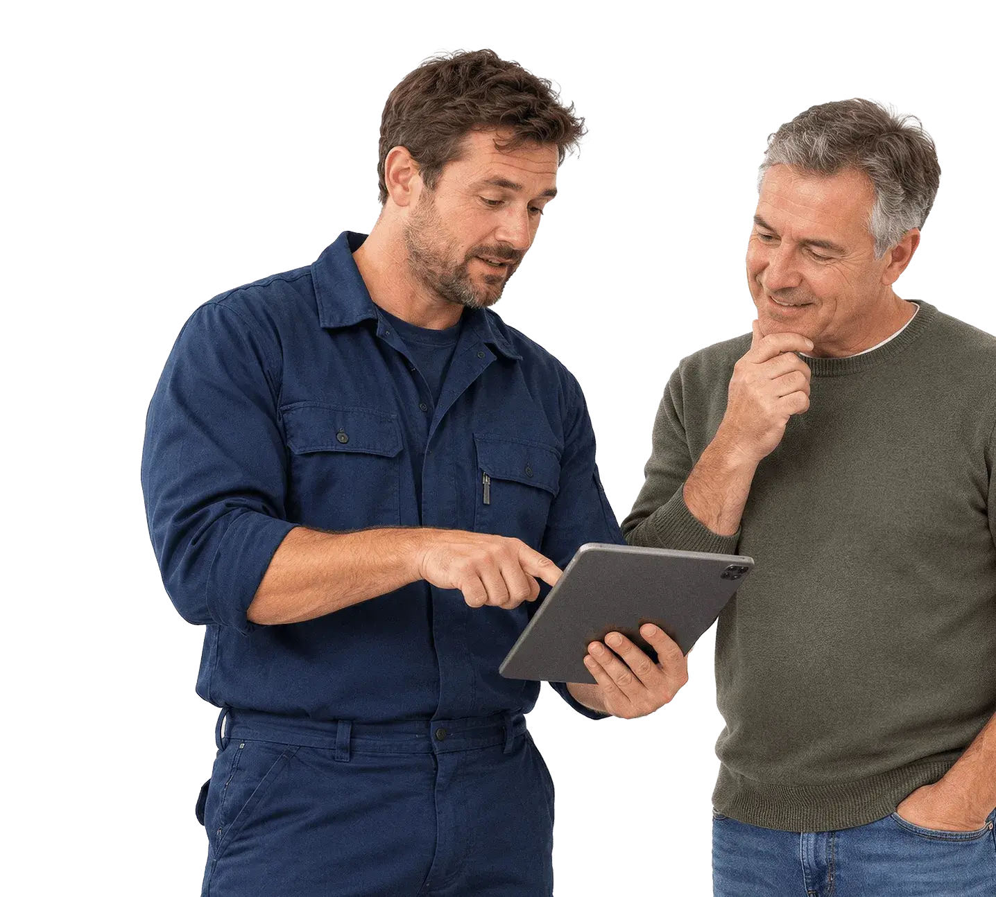 A technician shows a homeowner the invoice on his tablet