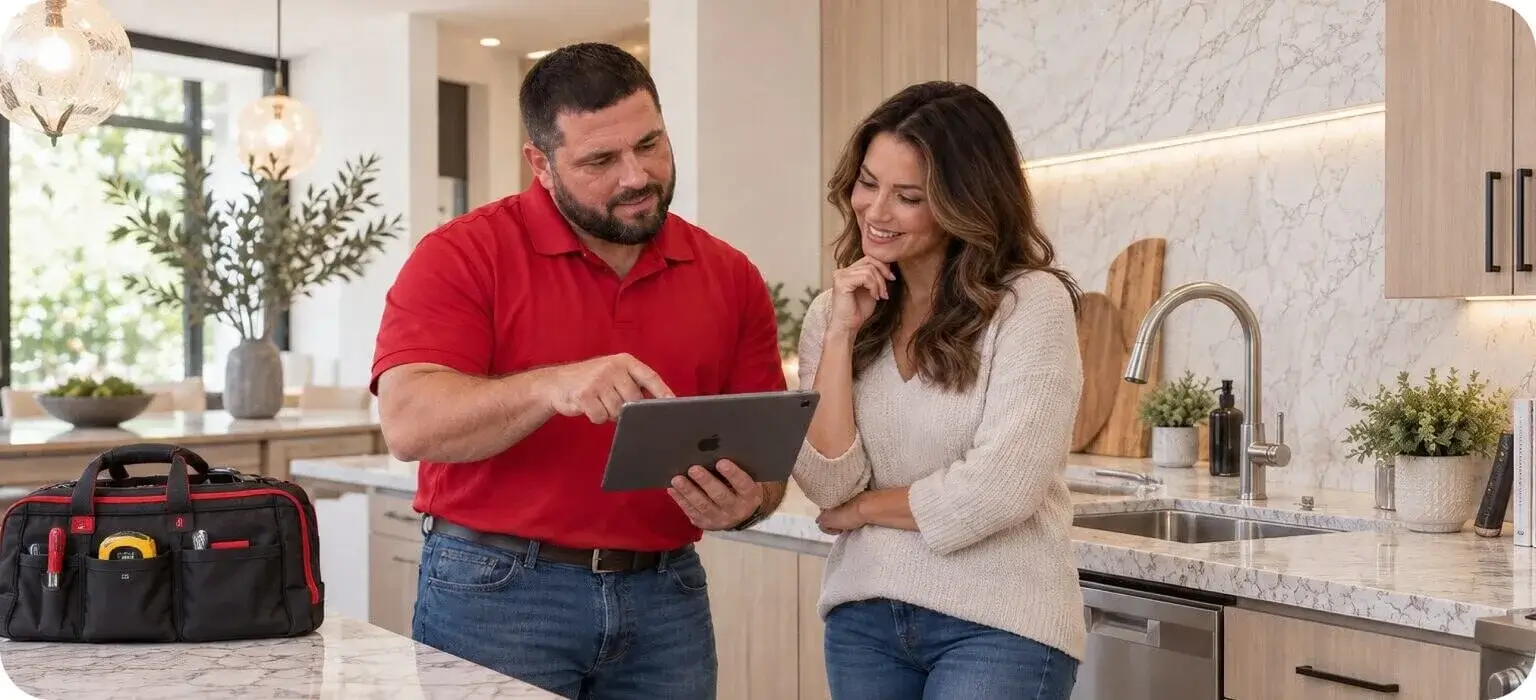 A Valley Plumbing technician walks a couple through the estimate on a tablet in their kitchen