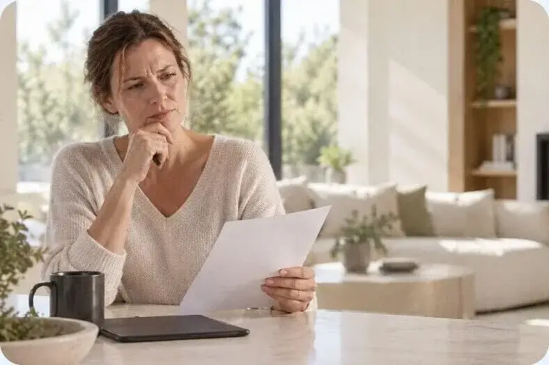 A homeowner reads the written estimate at her kitchen table