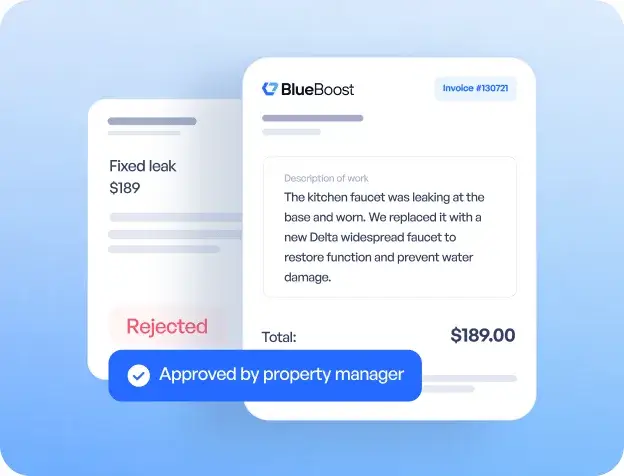 A rejected one-line invoice next to a BlueBoost invoice approved by the property manager