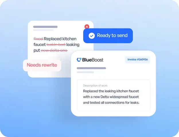 A tech's shorthand note that needs a rewrite next to a BlueBoost invoice ready to send