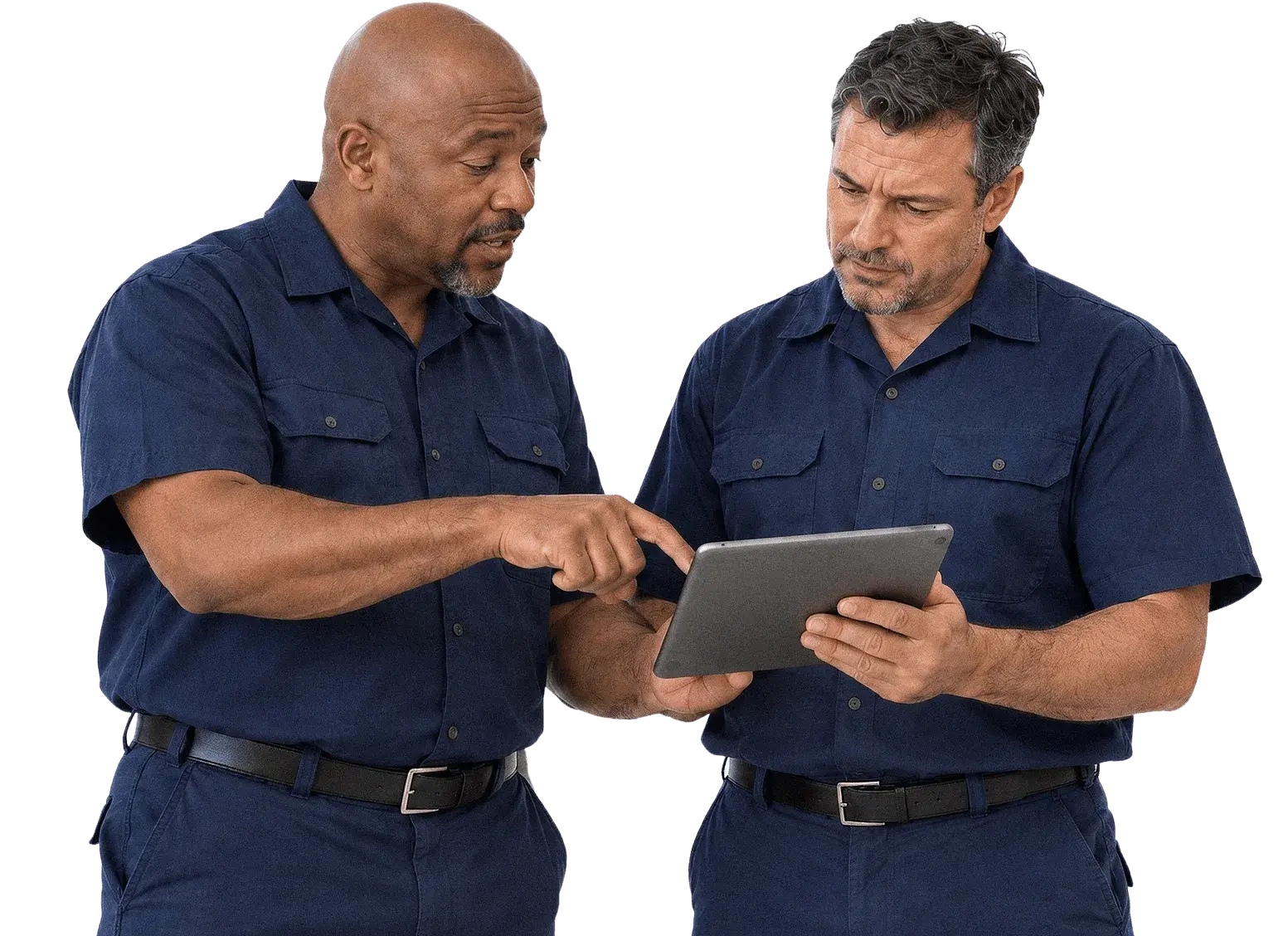 Two technicians review an estimate on a tablet