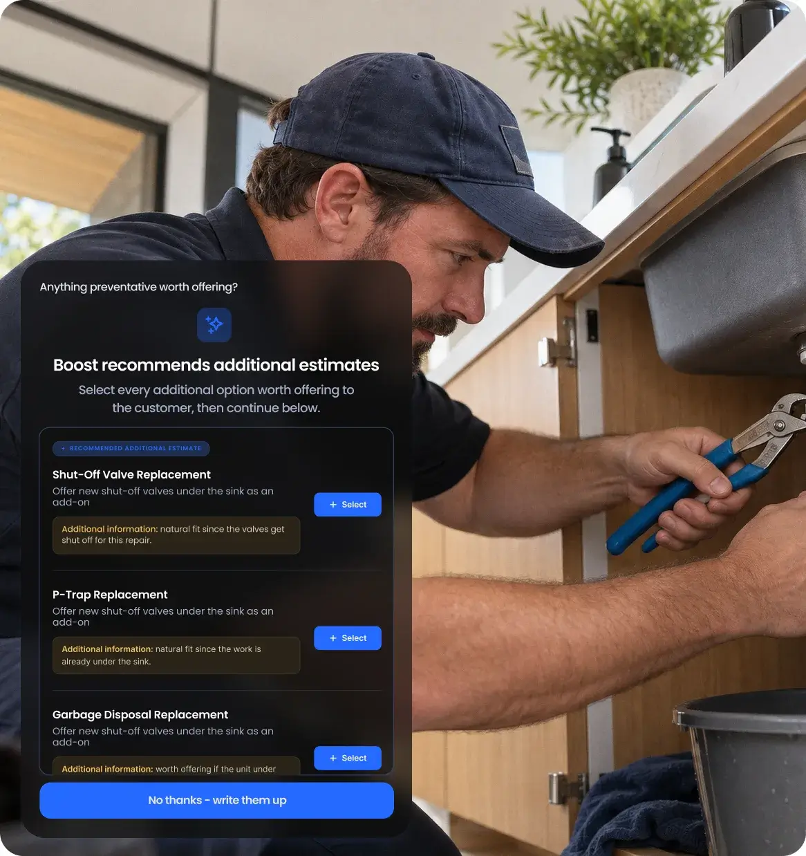 A plumber under a kitchen sink while Estimate Boost recommends three additional estimates to offer