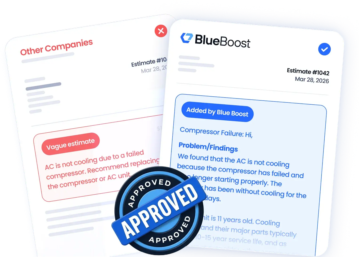 A vague estimate from another company next to an approved BlueBoost estimate that explains the compressor failure