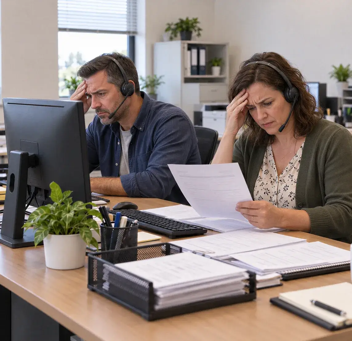 Two office staff stressed while reviewing rejected invoices at their desks