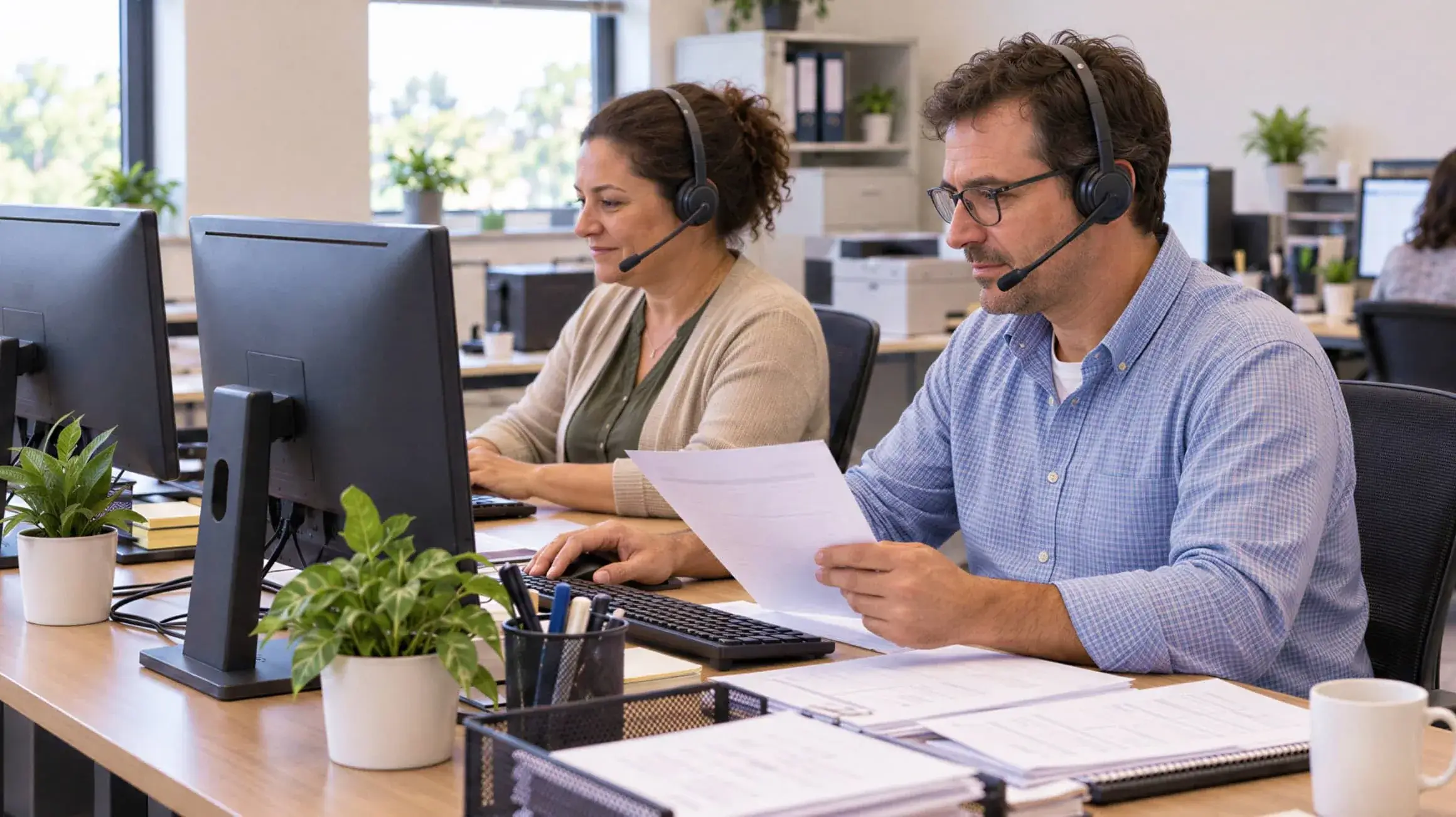 An office manager reviews invoices at her desk