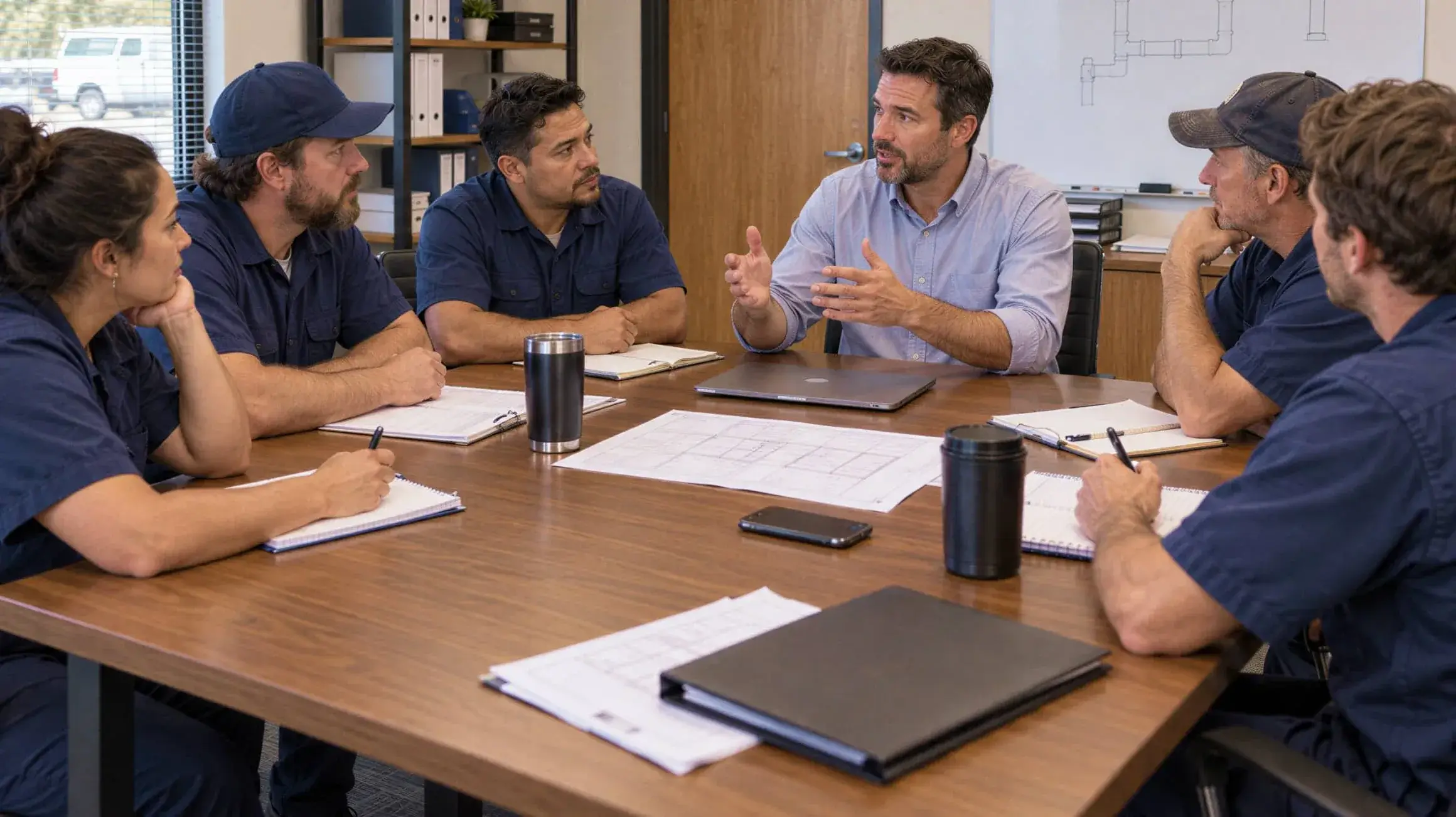 Two plumbing owners review the team’s estimates on a tablet