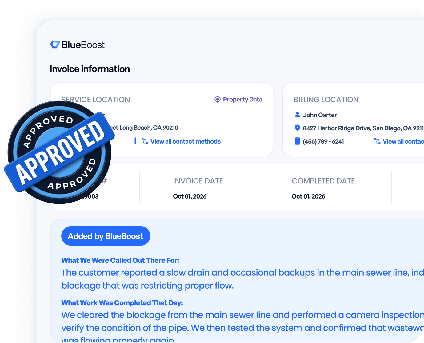 BlueBoost invoice screen with service and billing locations, invoice dates, the description of work and invoice items