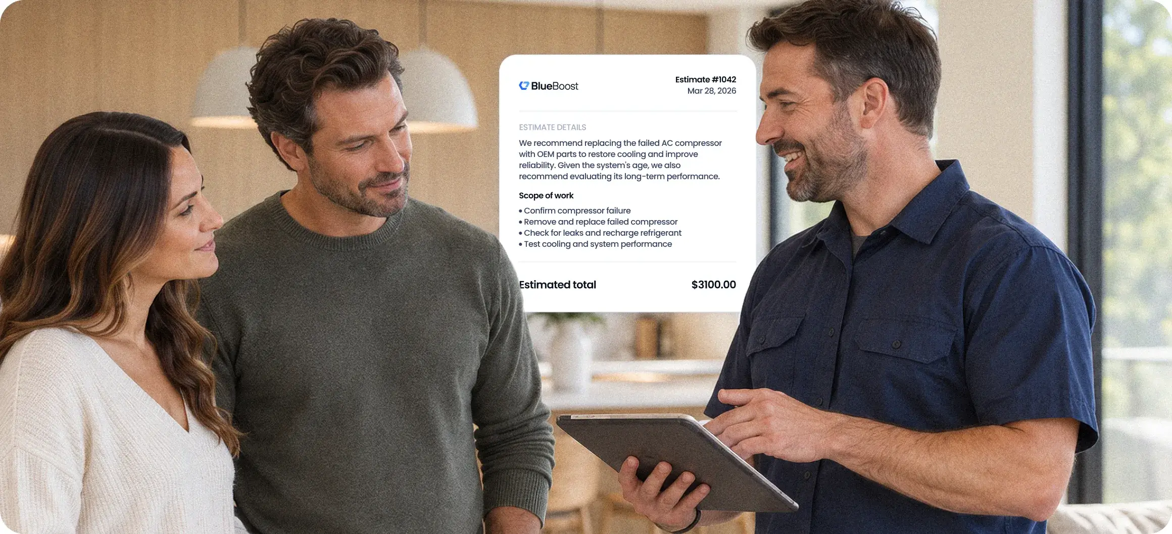 A technician walks a homeowner couple through an Estimate Boost estimate on his tablet