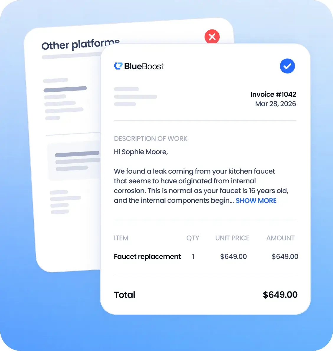 BlueBoost invoice with a detailed work description compared with another platform's invoice