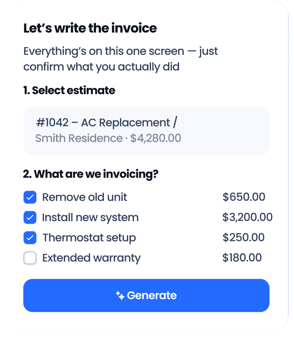 Invoice Boost screen: select an estimate, tick the work done and generate the invoice
